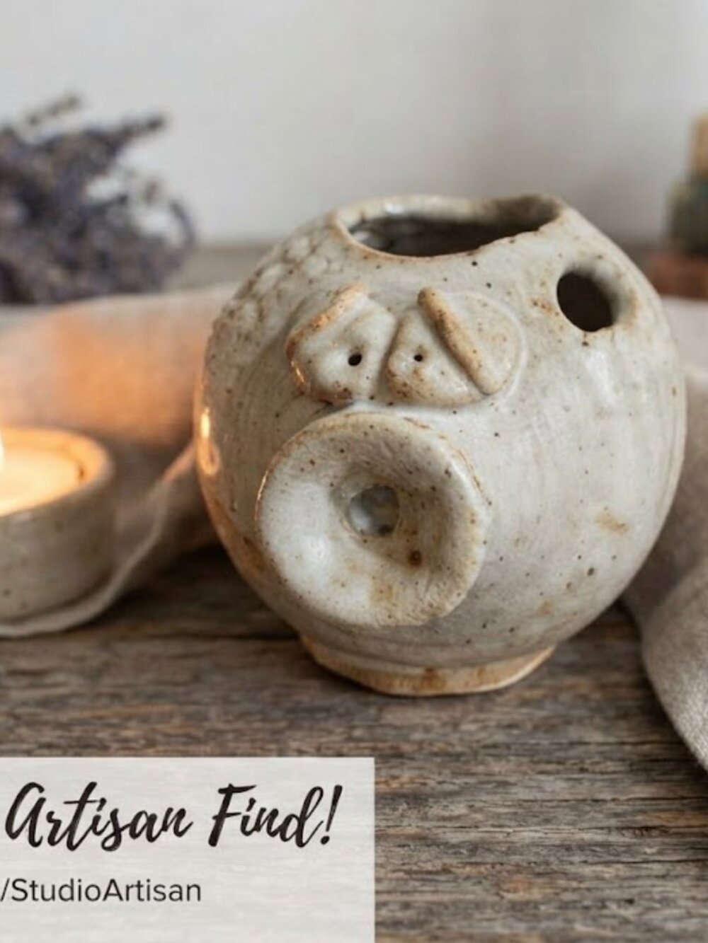 Handmade Studio Pottery Ceramic Pig Tealight Candle Holder Folk Art